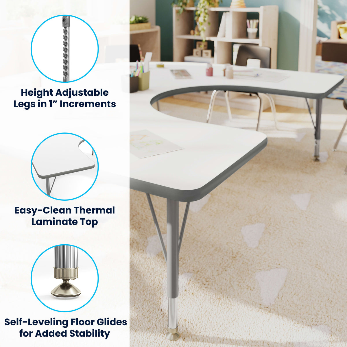 White Top/Silver Frame |#| Commercial Adjustable Height Horseshoe Activity Table with Short Legs in White
