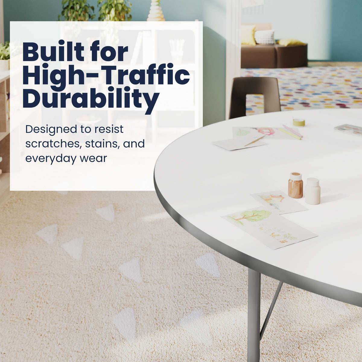 White Top/Silver Frame |#| Commercial Adjustable Height Horseshoe Activity Table with Short Legs in White