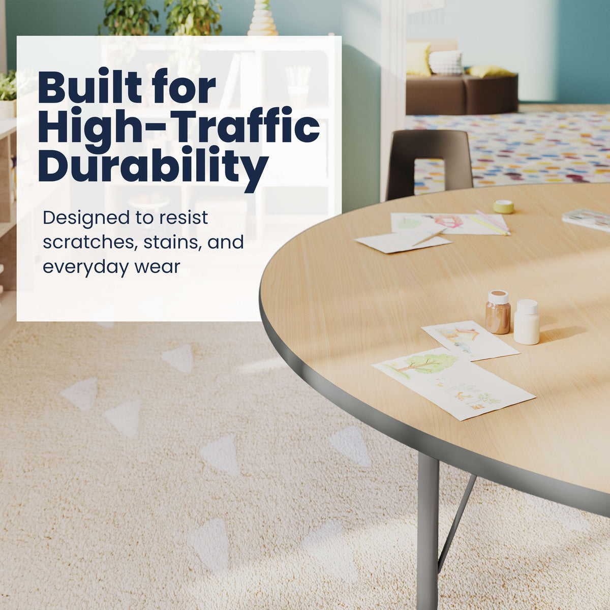Light Natural Top/Silver Frame |#| Commercial Adjustable Height Horseshoe Activity Table with Short Legs in LT NAT