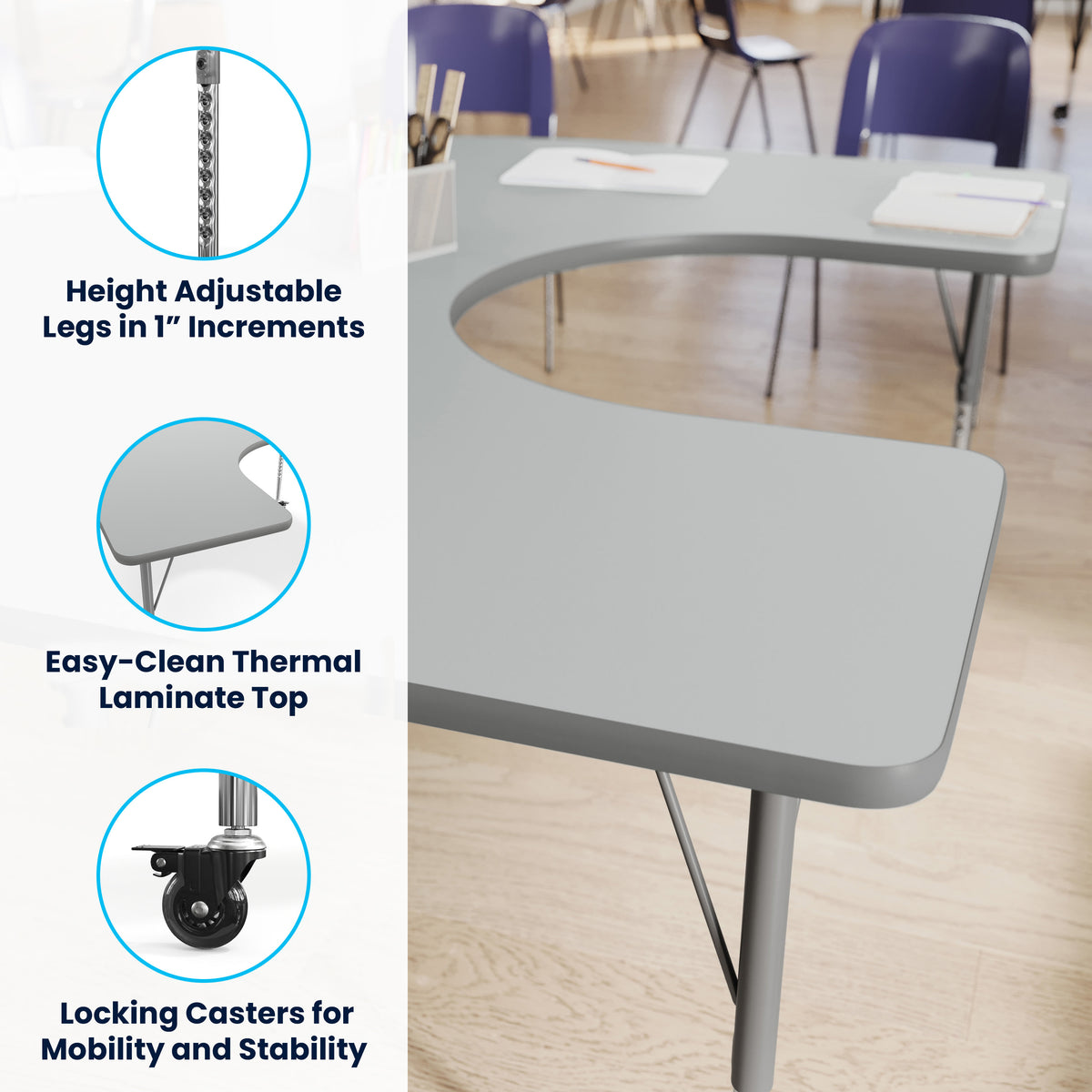 Gray Top/Silver Frame |#| Commercial Adjustable Height Horseshoe Activity Table with Locking Casters-Gray
