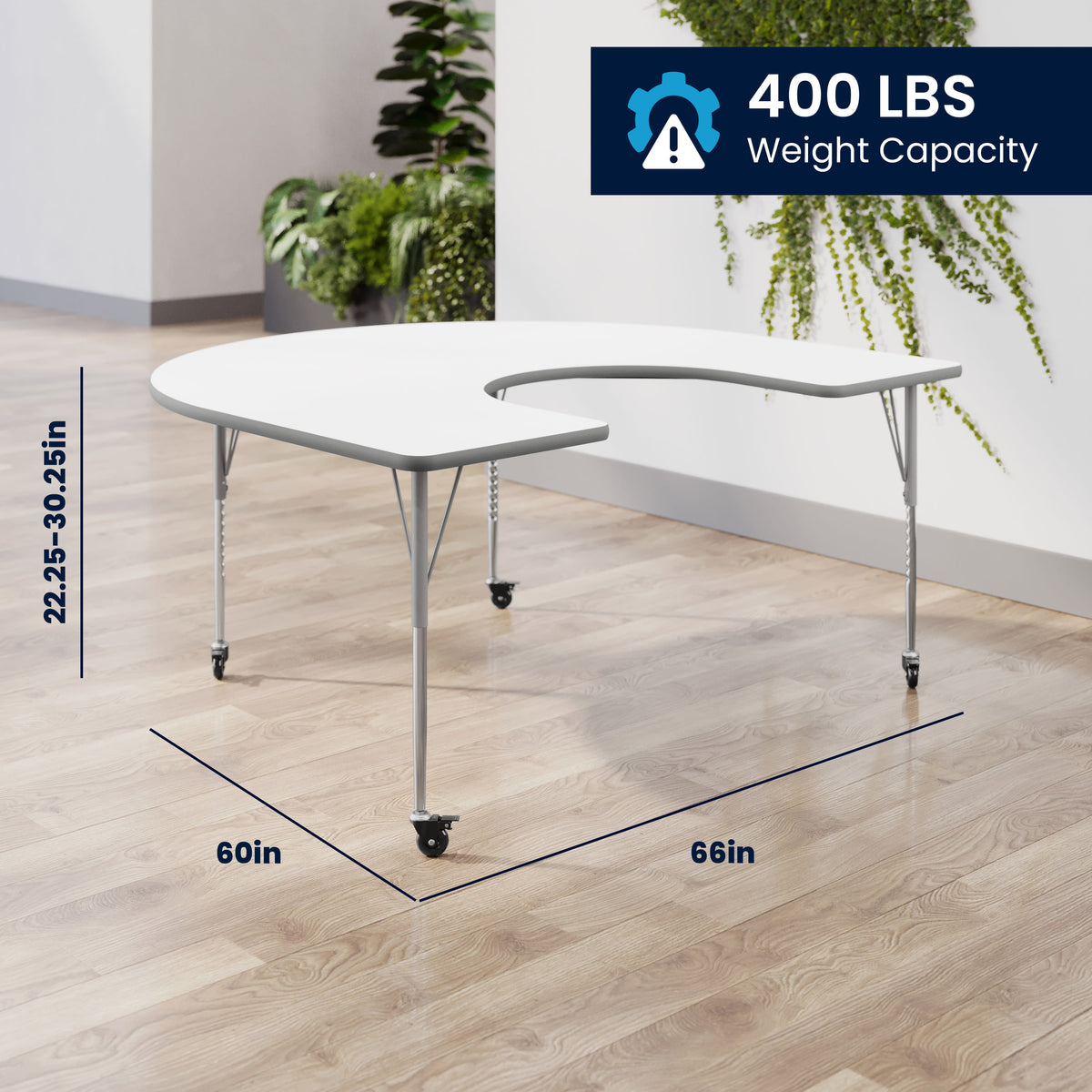 White Top/Silver Frame |#| Commercial Adjustable Height Horseshoe Activity Table with Locking Casters-White