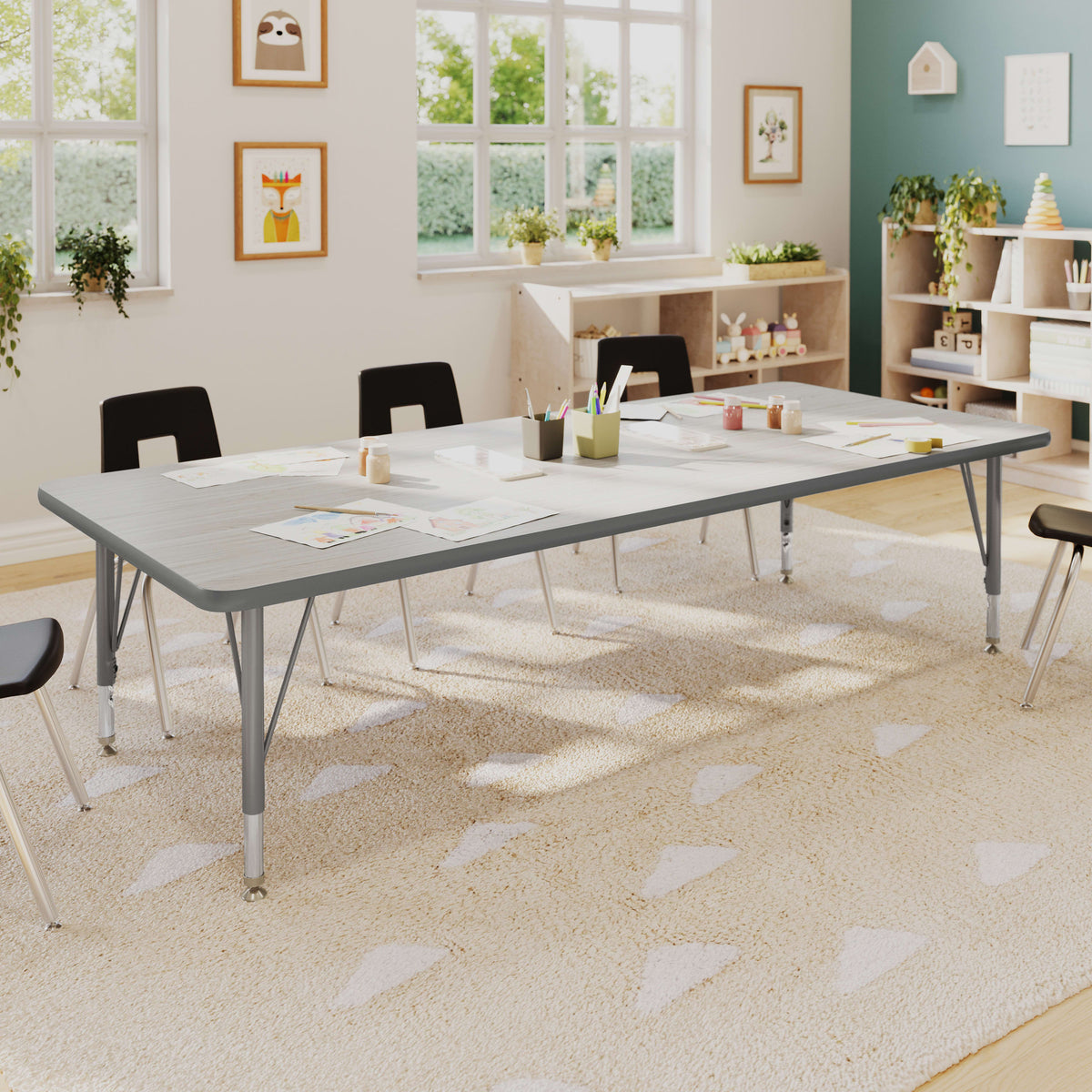 Light Gray Top/Silver Frame |#| Commercial Adjustable Height Rectangular Activity Table with Short Legs in LTGY