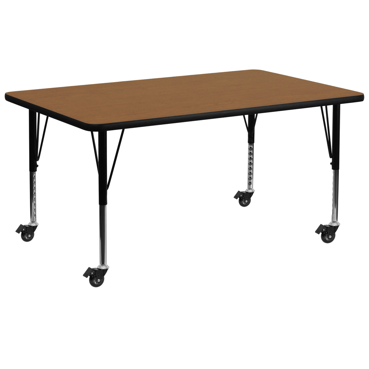 Oak Top/Black Frame |#| Mobile 30"W x 72"L Rectangular Oak Thermal Laminate Adjustable Activity Table