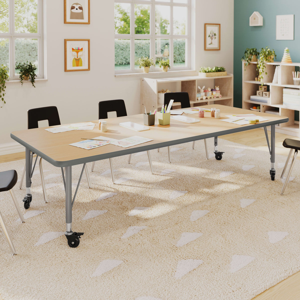 Light Natural Top/Silver Frame |#| Commercial Adjustable Height Rectangular Activity Table - Locking Casters-LT NAT