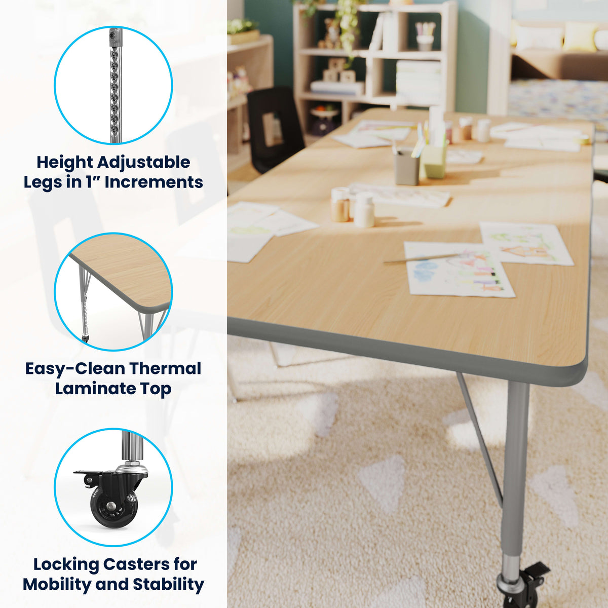 Light Natural Top/Silver Frame |#| Commercial Adjustable Height Rectangular Activity Table - Locking Casters-LT NAT