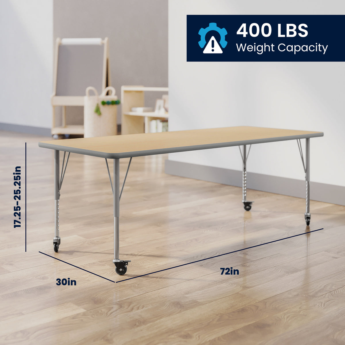 Light Natural Top/Silver Frame |#| Commercial Adjustable Height Rectangular Activity Table - Locking Casters-LT NAT