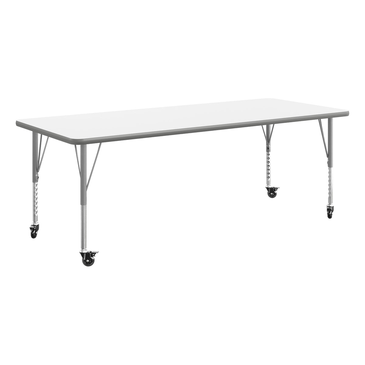White Top/Silver Frame |#| Commercial Adjustable Height Rectangular Activity Table - Locking Casters-White