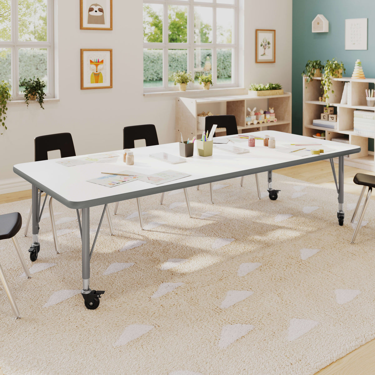 White Top/Silver Frame |#| Commercial Adjustable Height Rectangular Activity Table - Locking Casters-White