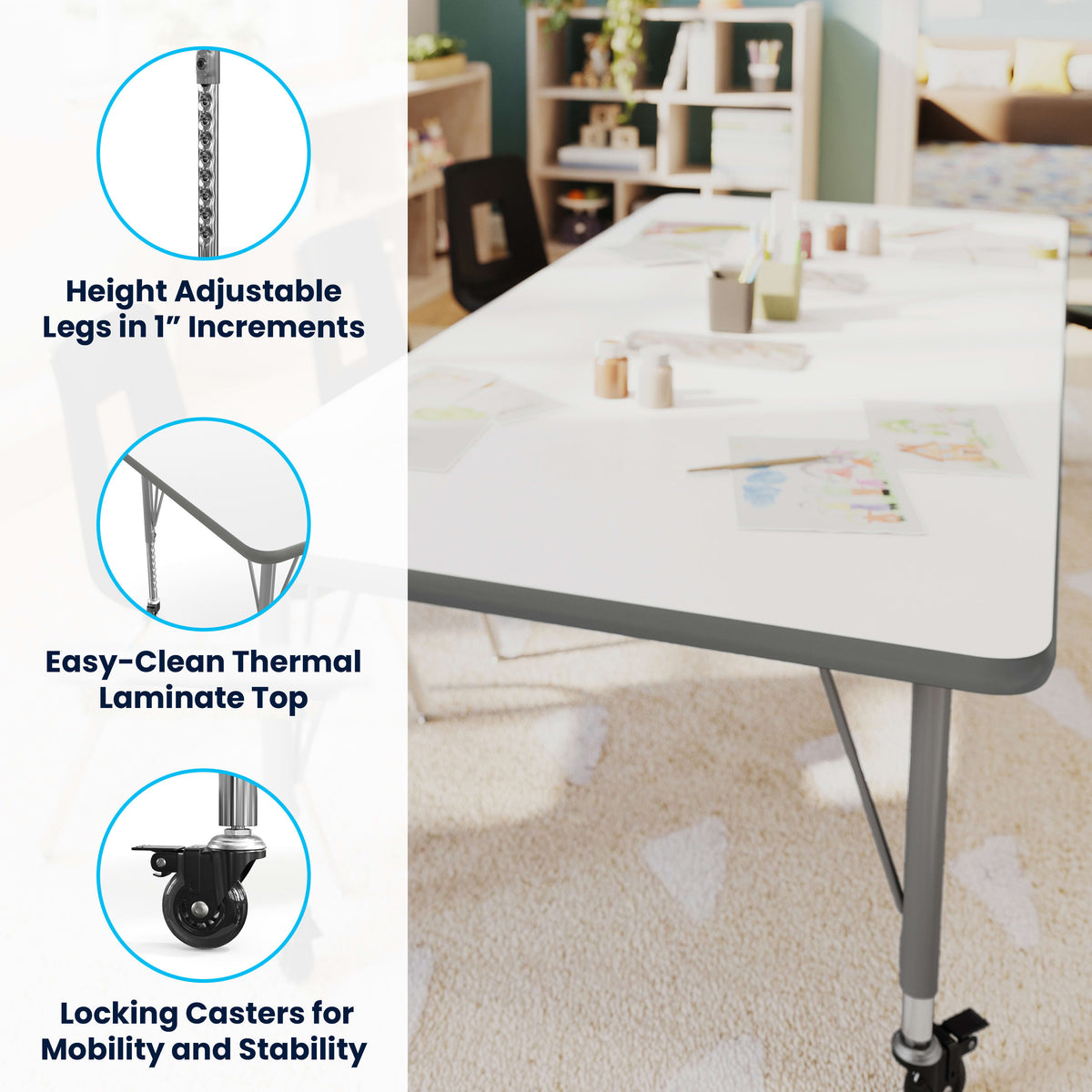 White Top/Silver Frame |#| Commercial Adjustable Height Rectangular Activity Table - Locking Casters-White