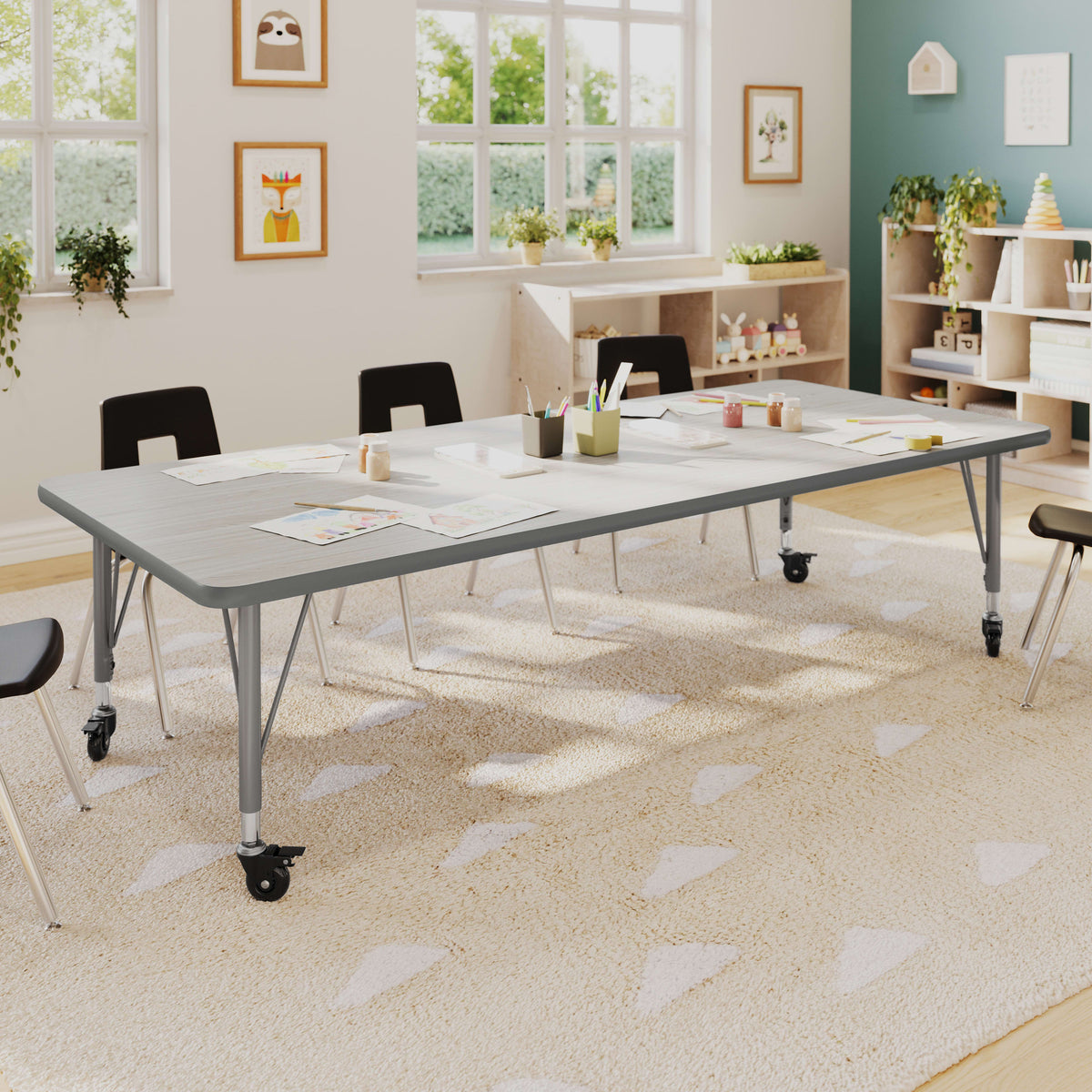 Light Gray Top/Silver Frame |#| Commercial Adjustable Height Rectangular Activity Table - Locking Casters-LTGY