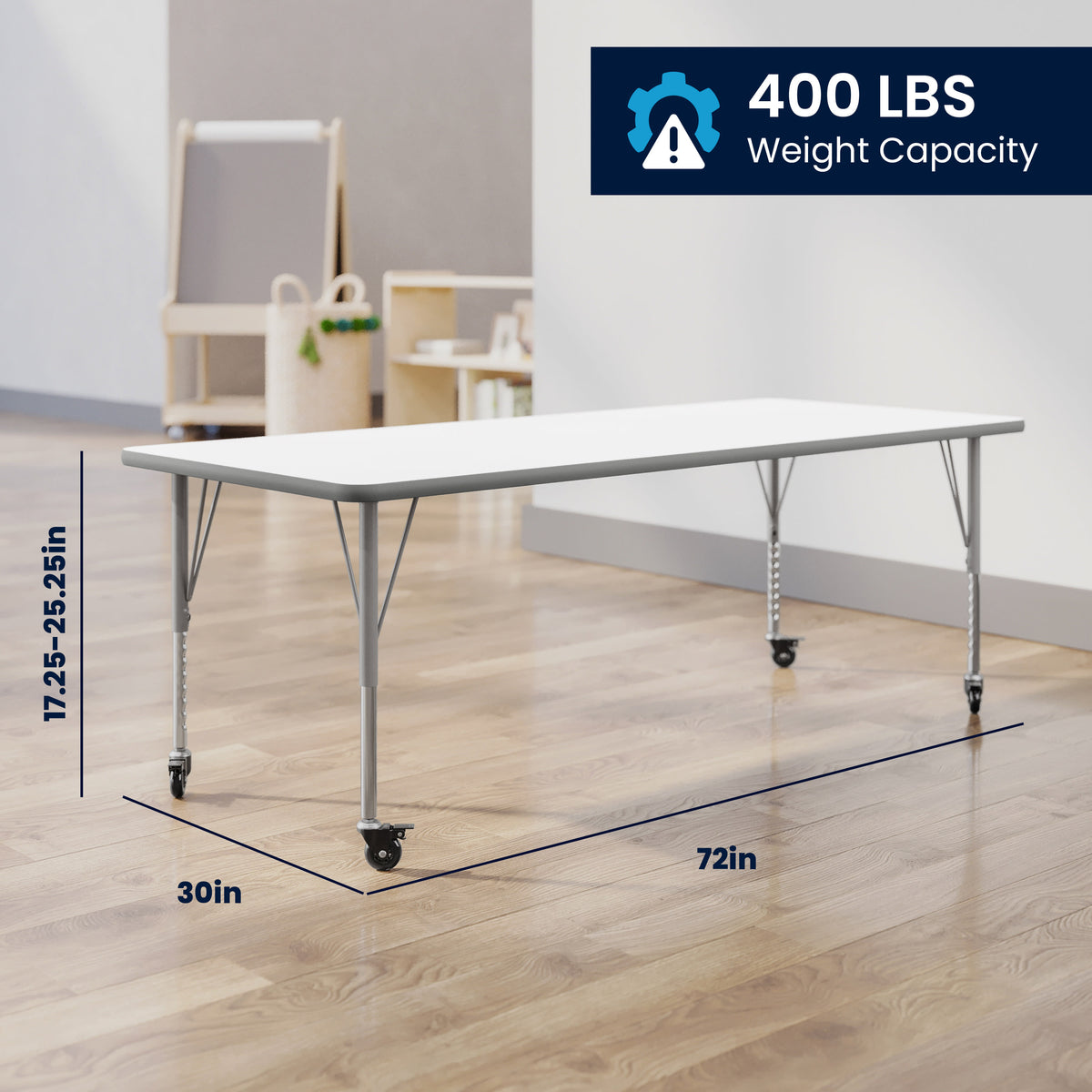White Top/Silver Frame |#| Commercial Adjustable Height Rectangular Activity Table - Locking Casters-White