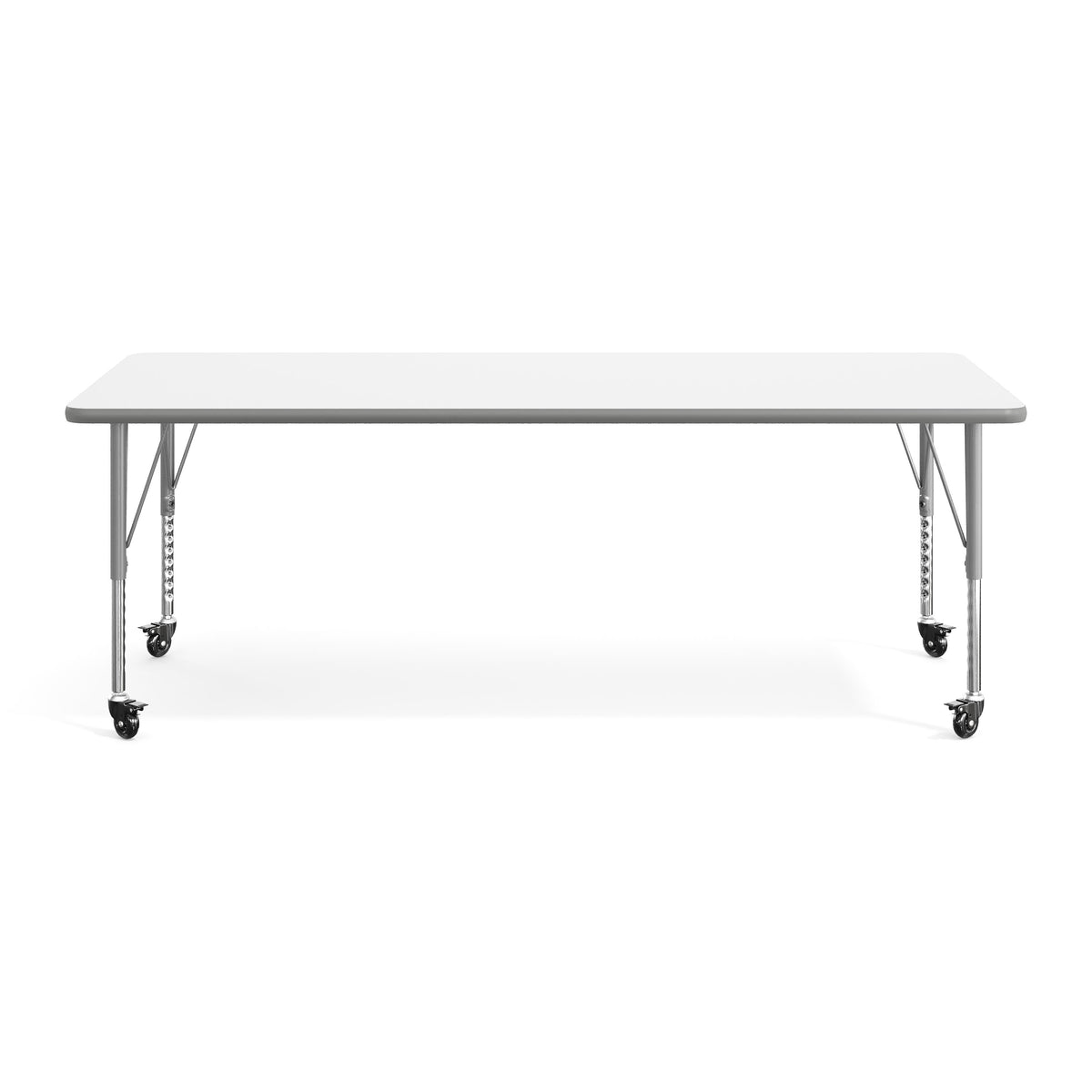 White Top/Silver Frame |#| Commercial Adjustable Height Rectangular Activity Table - Locking Casters-White
