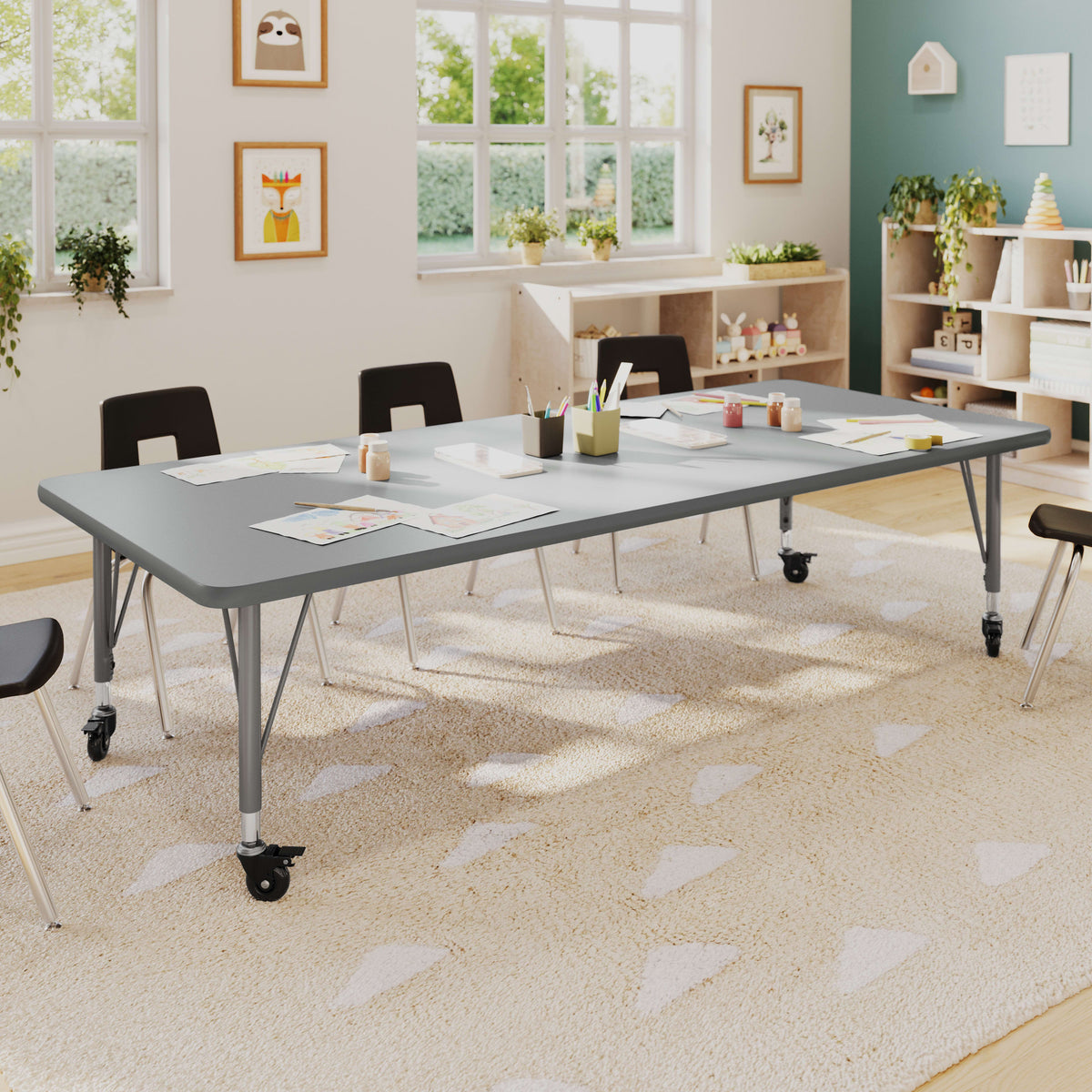 Gray Top/Silver Frame |#| Commercial Adjustable Height Rectangular Activity Table - Locking Casters-Gray