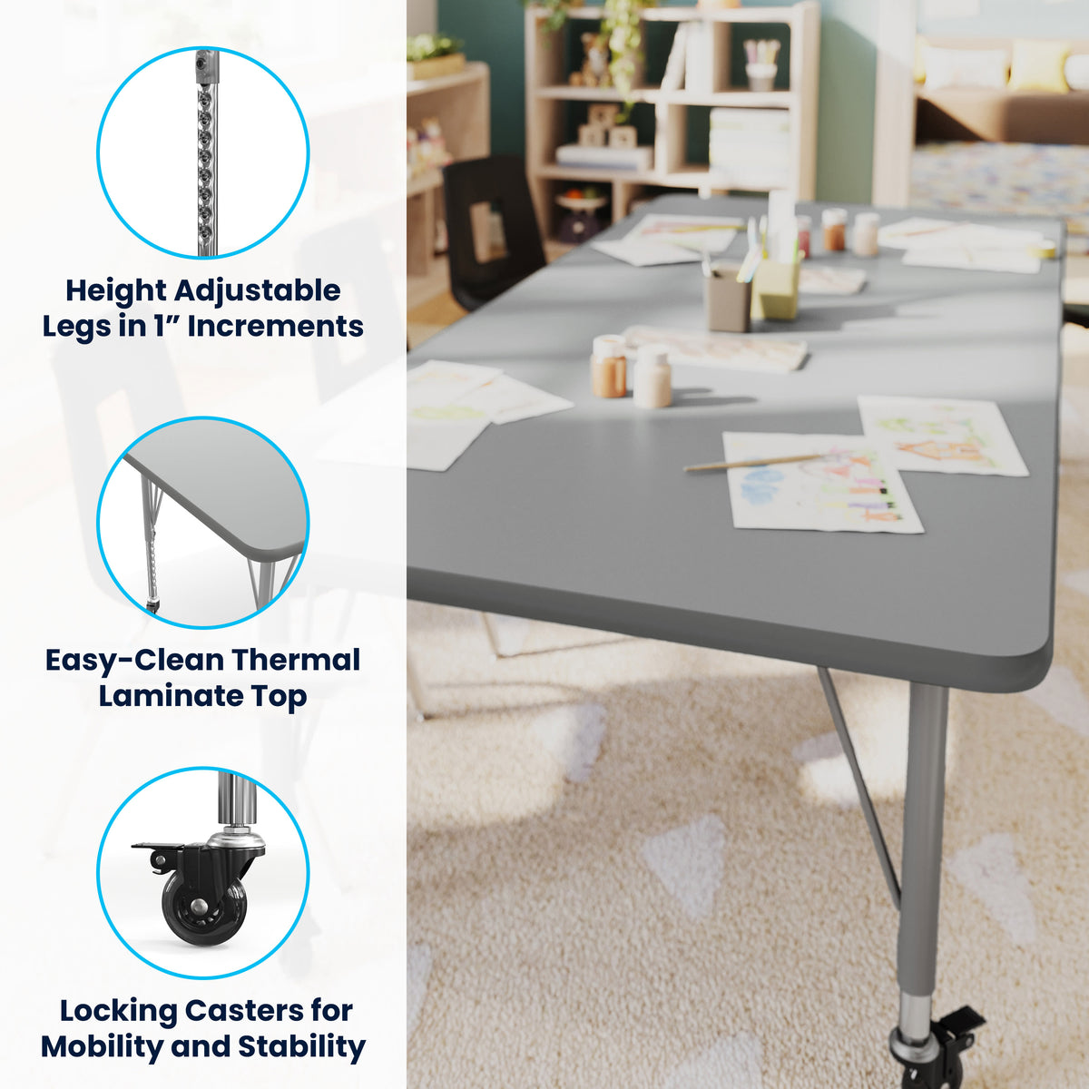 Gray Top/Silver Frame |#| Commercial Adjustable Height Rectangular Activity Table - Locking Casters-Gray