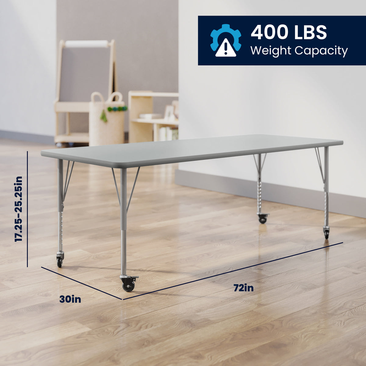 Gray Top/Silver Frame |#| Commercial Adjustable Height Rectangular Activity Table - Locking Casters-Gray