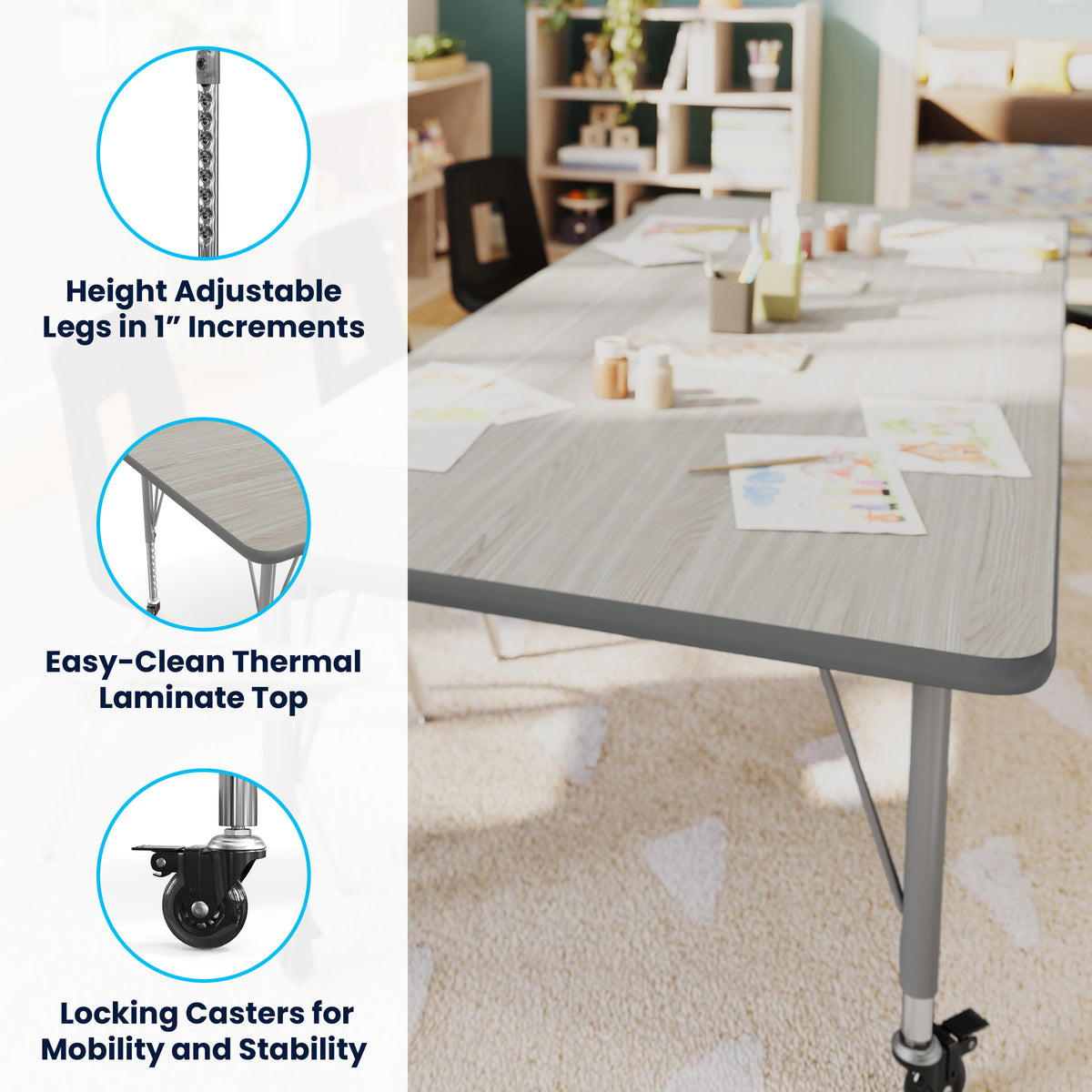 Light Gray Top/Silver Frame |#| Commercial Adjustable Height Rectangular Activity Table - Locking Casters-LTGY