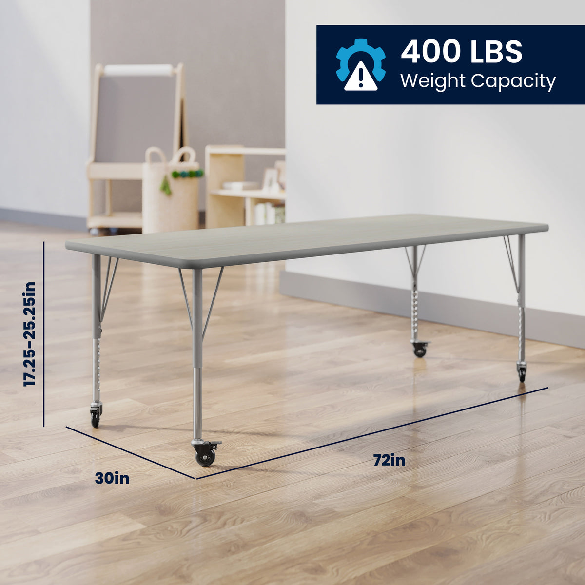 Light Gray Top/Silver Frame |#| Commercial Adjustable Height Rectangular Activity Table - Locking Casters-LTGY