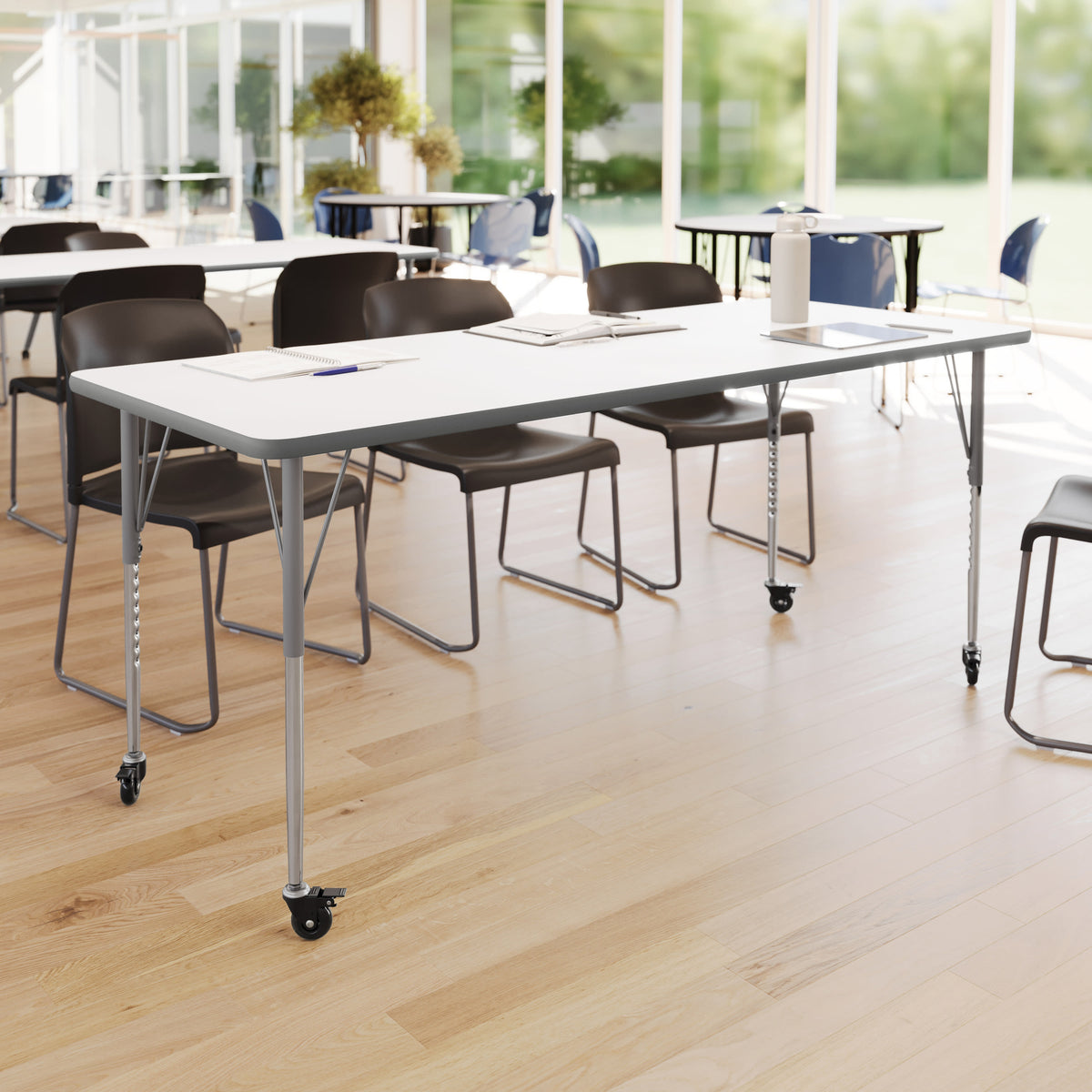 White Top/Silver Frame |#| Commercial Adjustable Height Rectangular Activity Table - Locking Casters-White