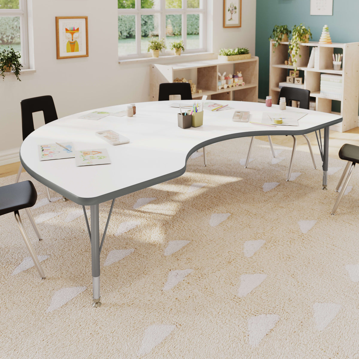 White Top/Silver Frame |#| Commercial Adjustable Height Kidney Activity Table with Short Legs in White