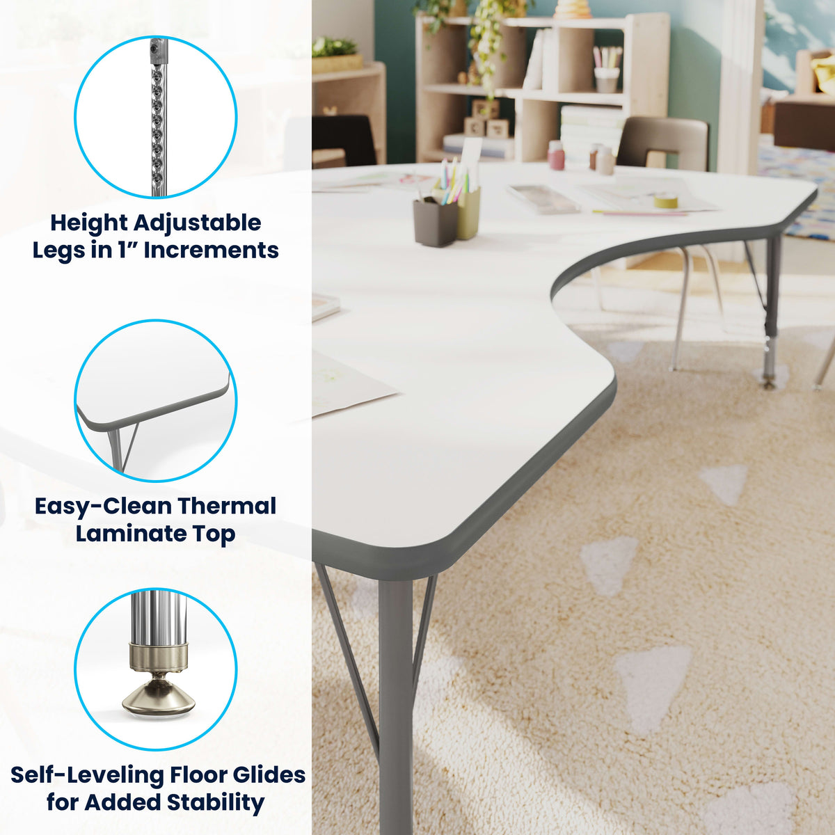 White Top/Silver Frame |#| Commercial Adjustable Height Kidney Activity Table with Short Legs in White