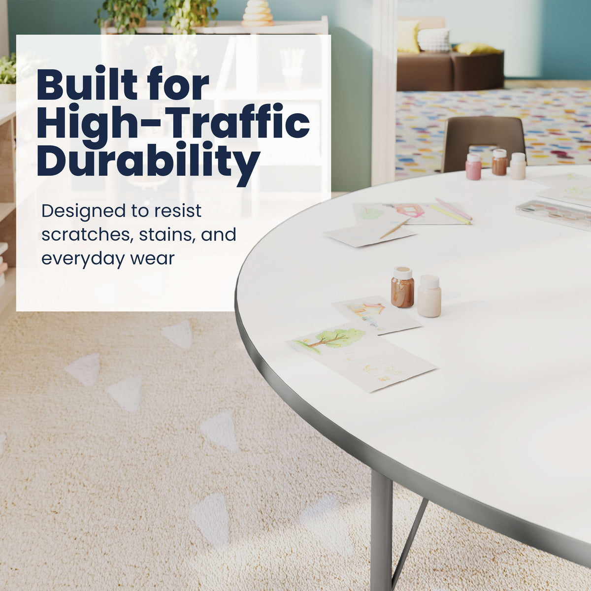 White Top/Silver Frame |#| Commercial Adjustable Height Kidney Activity Table with Short Legs in White