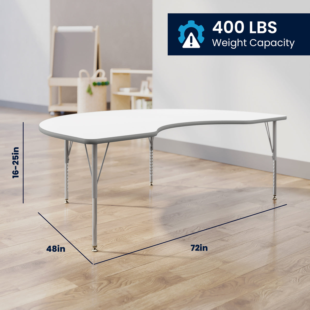 White Top/Silver Frame |#| Commercial Adjustable Height Kidney Activity Table with Short Legs in White