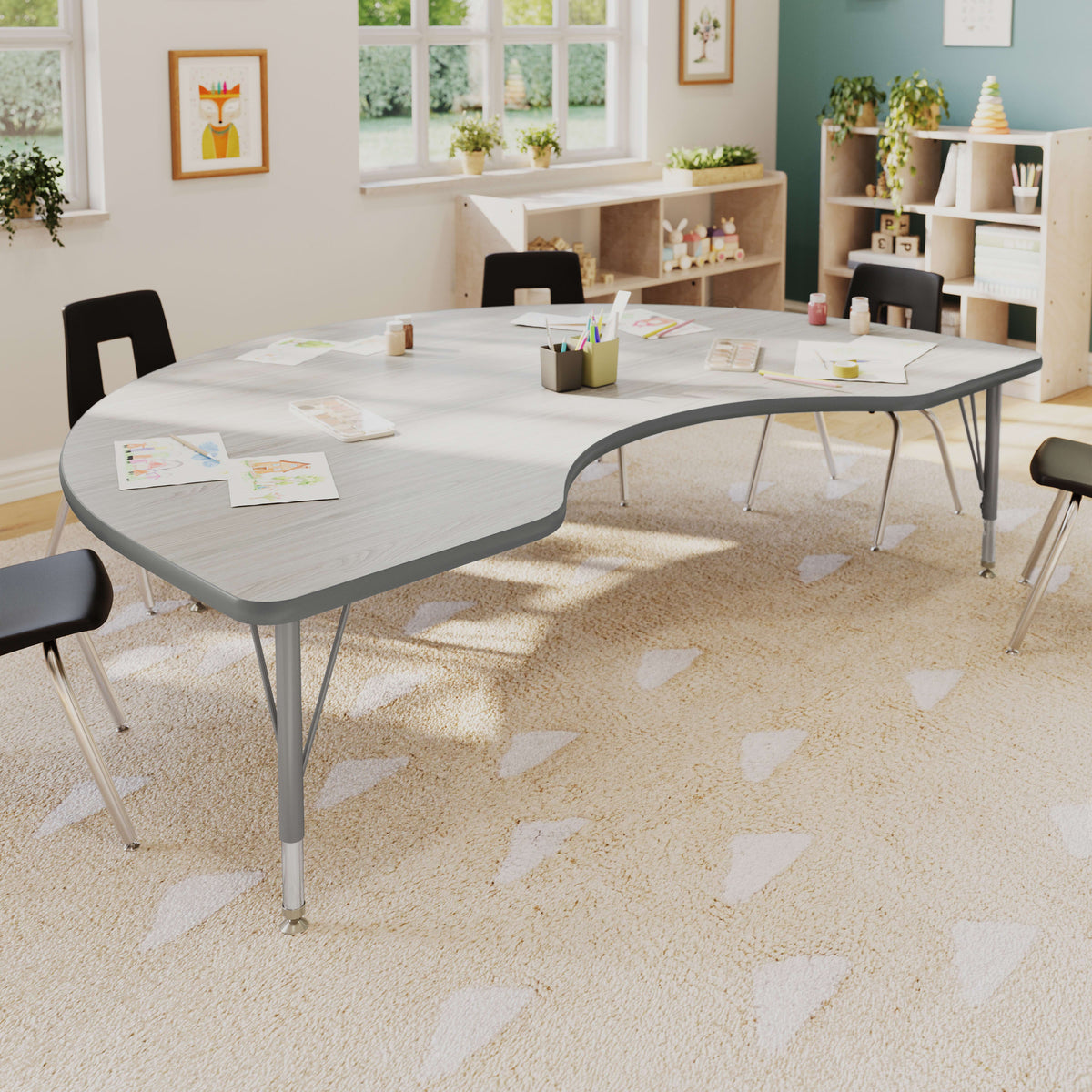 Light Gray Top/Silver Frame |#| Commercial Adjustable Height Kidney Activity Table with Short Legs in LTGY