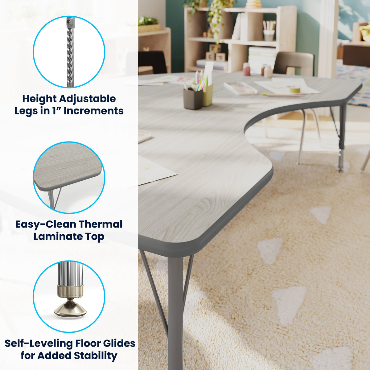 Light Gray Top/Silver Frame |#| Commercial Adjustable Height Kidney Activity Table with Short Legs in LTGY