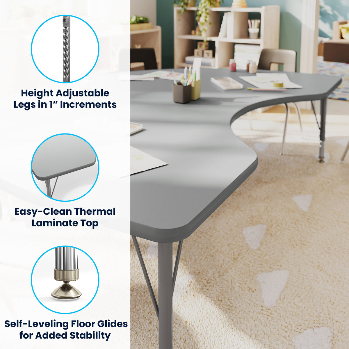 Gray Top/Silver Frame |#| Commercial Adjustable Height Kidney Activity Table with Short Legs in Gray