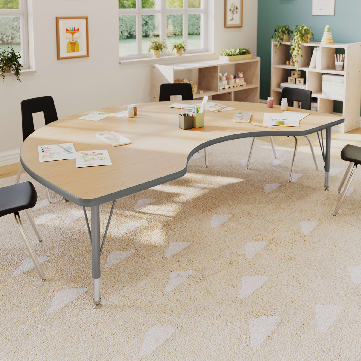 Light Natural Top/Silver Frame |#| Commercial Adjustable Height Kidney Activity Table with Short Legs in LT NAT