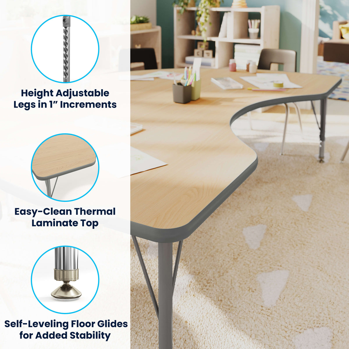 Light Natural Top/Silver Frame |#| Commercial Adjustable Height Kidney Activity Table with Short Legs in LT NAT