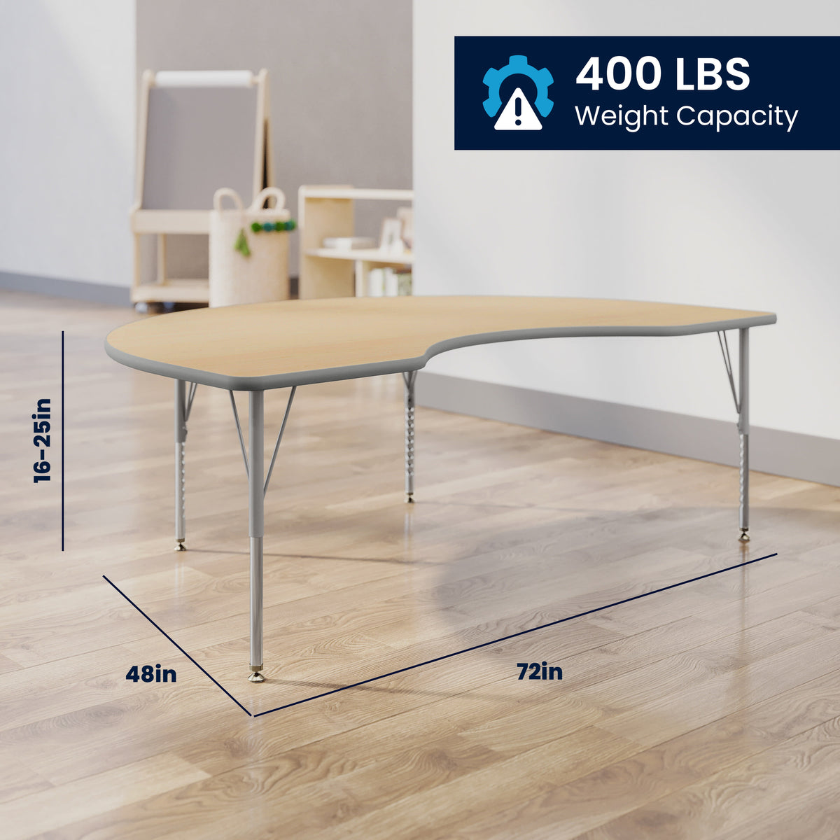 Light Natural Top/Silver Frame |#| Commercial Adjustable Height Kidney Activity Table with Short Legs in LT NAT