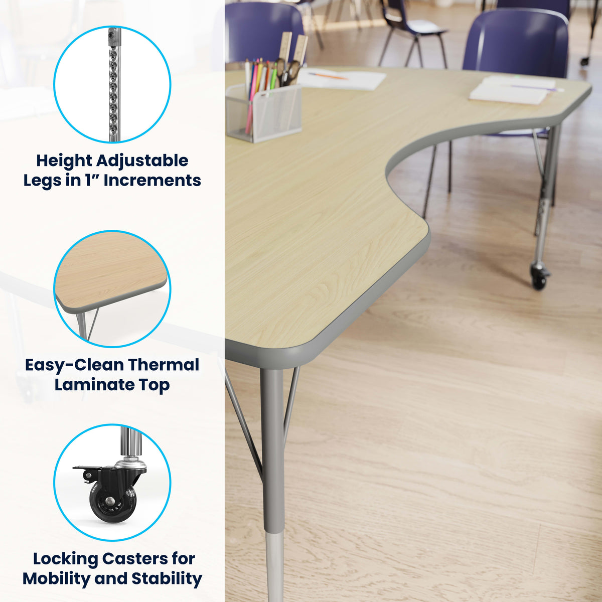 Light Natural Top/Silver Frame |#| Commercial Adjustable Height Kidney Activity Table with Locking Casters-LT NAT