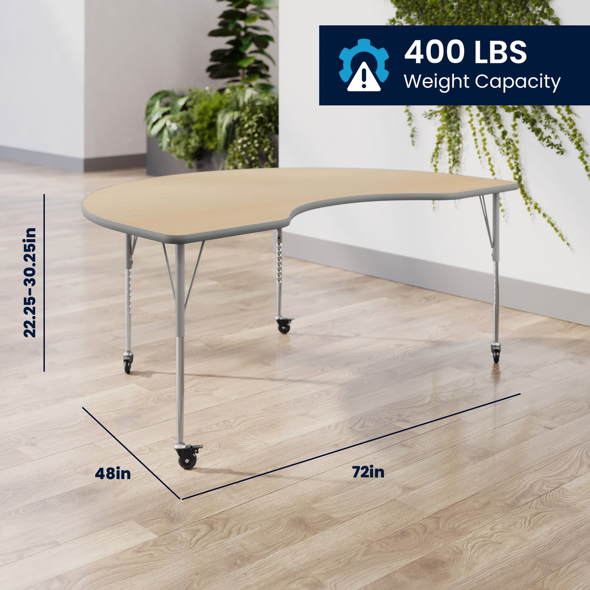 Light Natural Top/Silver Frame |#| Commercial Adjustable Height Kidney Activity Table with Locking Casters-LT NAT