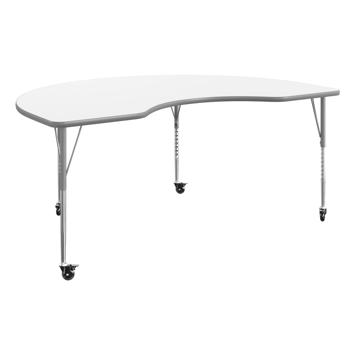 White Top/Silver Frame |#| Commercial Adjustable Height Kidney Activity Table with Locking Casters-White