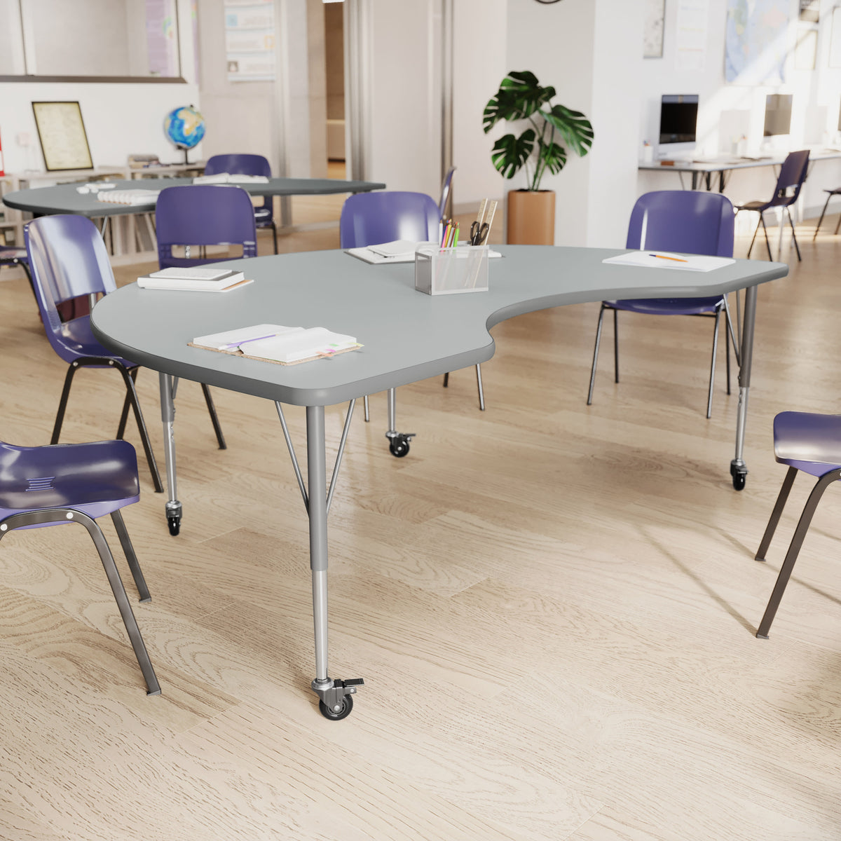 Gray Top/Silver Frame |#| Commercial Adjustable Height Kidney Activity Table with Locking Casters-Gray