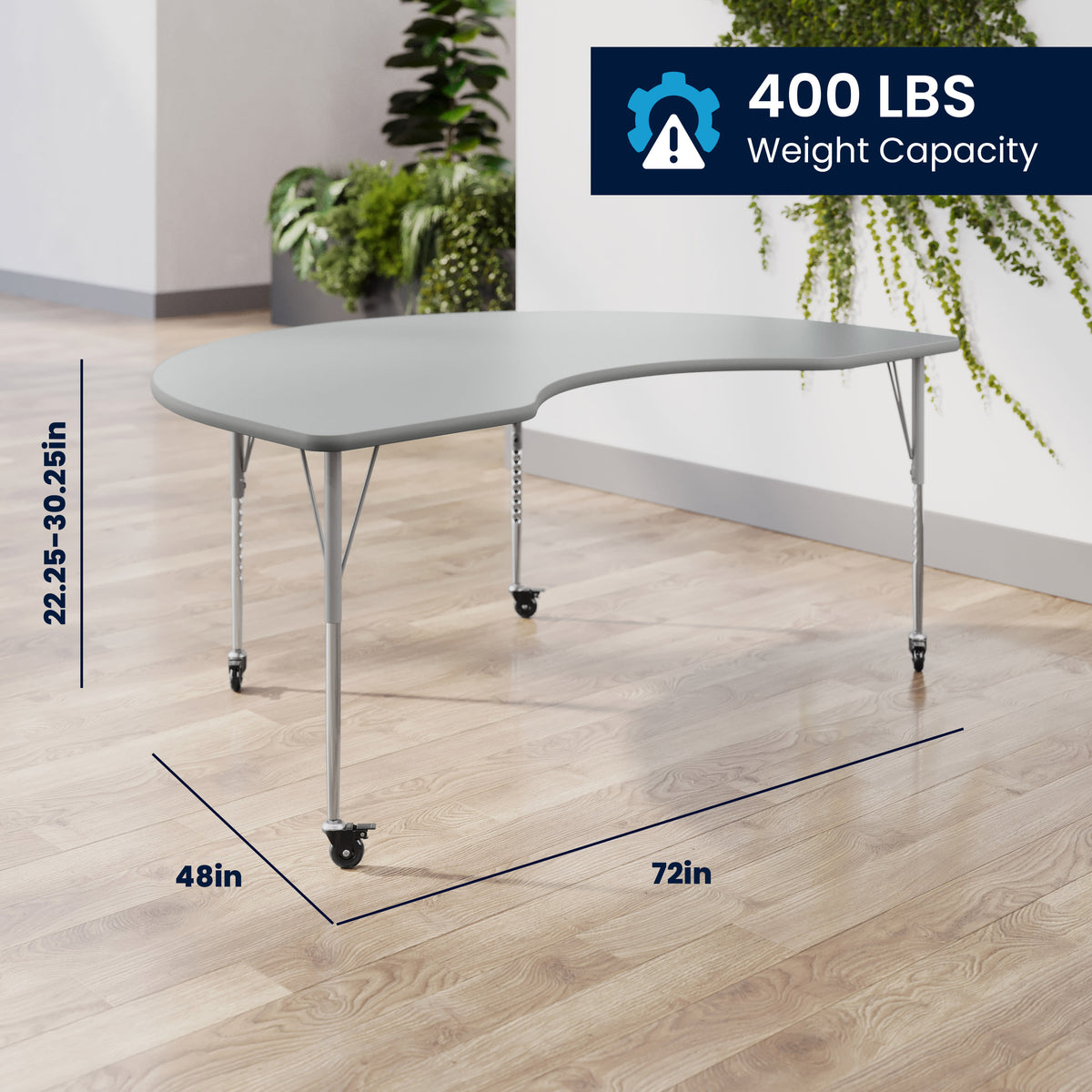Gray Top/Silver Frame |#| Commercial Adjustable Height Kidney Activity Table with Locking Casters-Gray