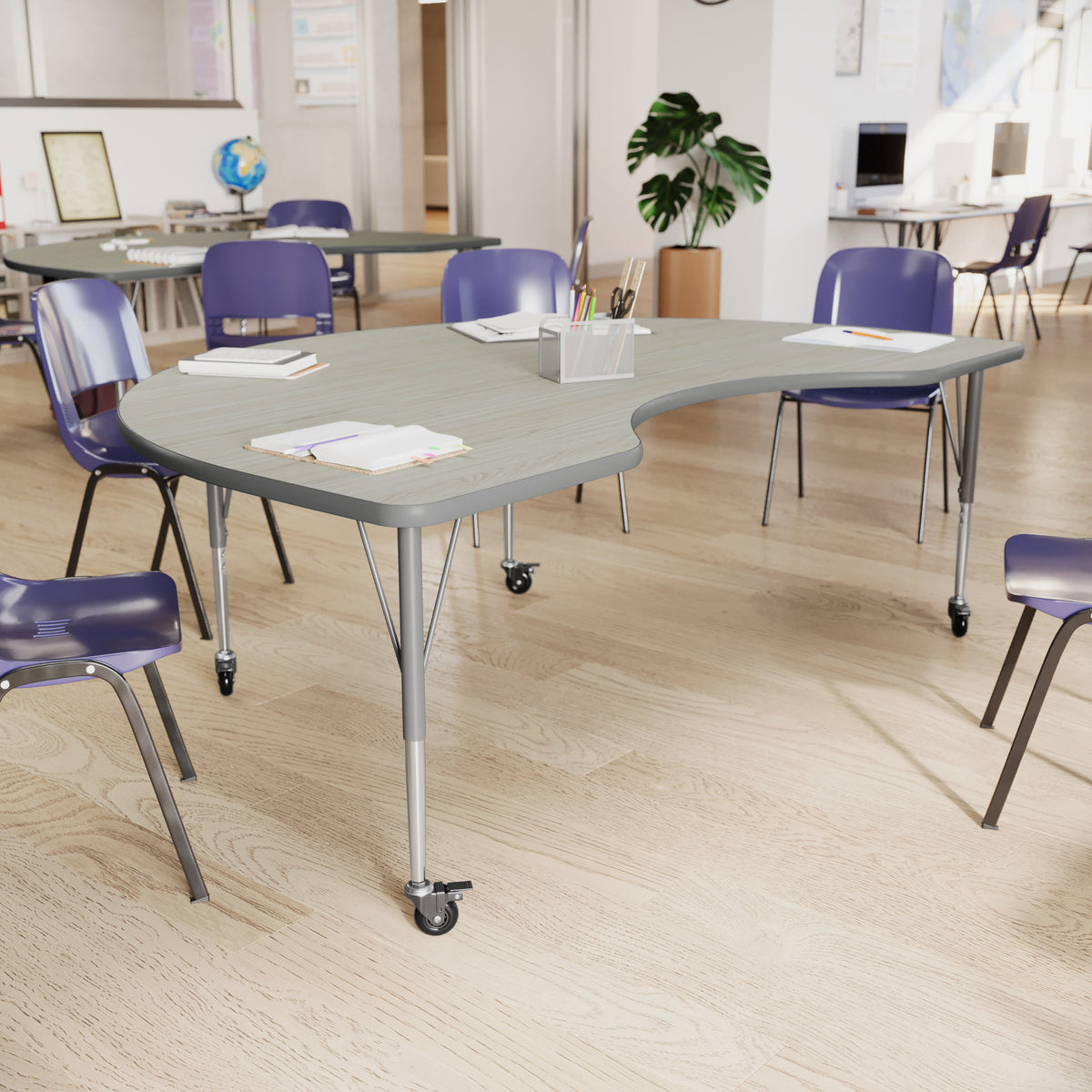 Light Gray Top/Silver Frame |#| Commercial Adjustable Height Kidney Activity Table with Locking Casters-LTGY