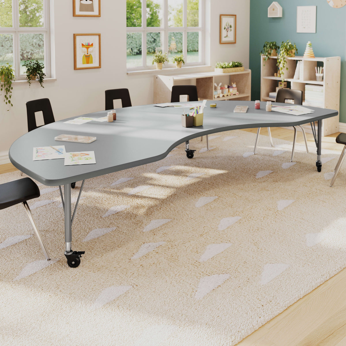 Gray Top/Silver Frame |#| Commercial Adjustable Height Kidney Activity Table with Locking Casters-Gray