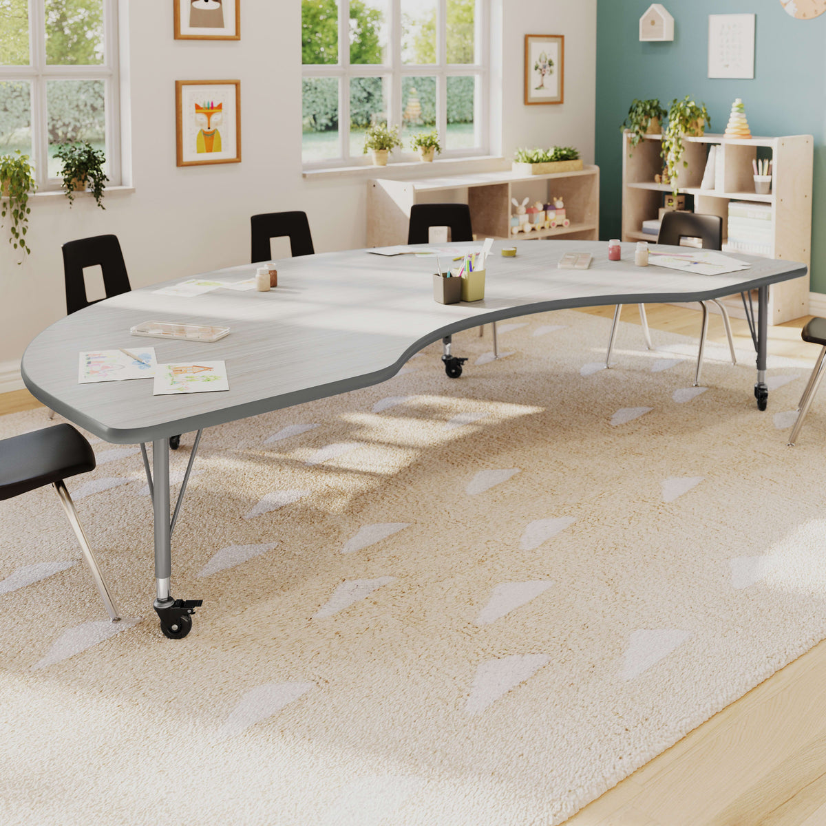 Light Gray Top/Silver Frame |#| Commercial Adjustable Height Kidney Activity Table with Locking Casters-LTGY