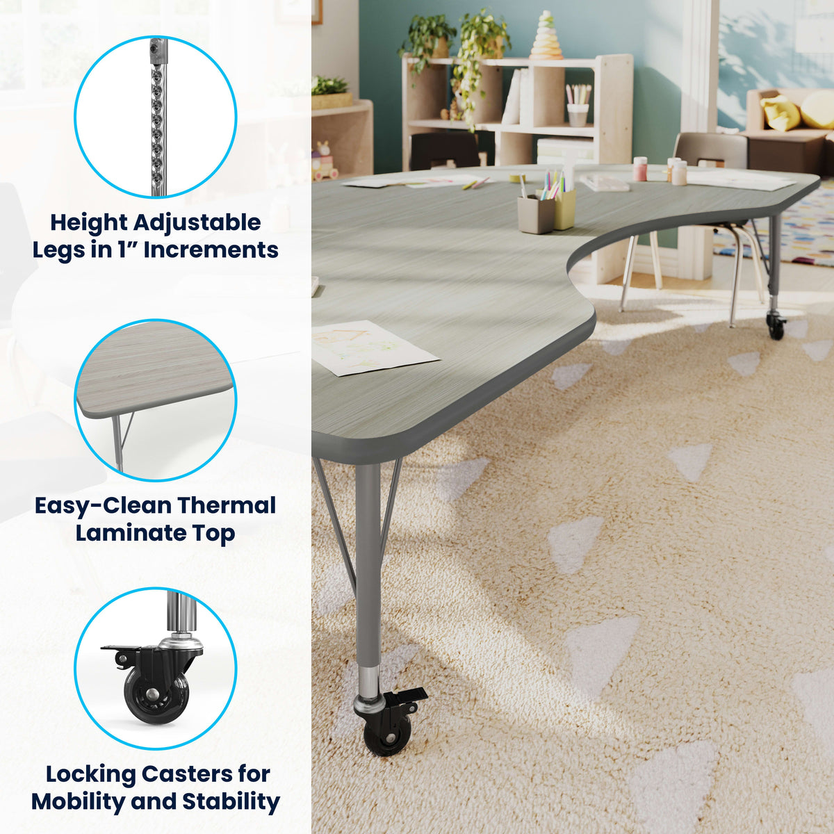 Light Gray Top/Silver Frame |#| Commercial Adjustable Height Kidney Activity Table with Locking Casters-LTGY