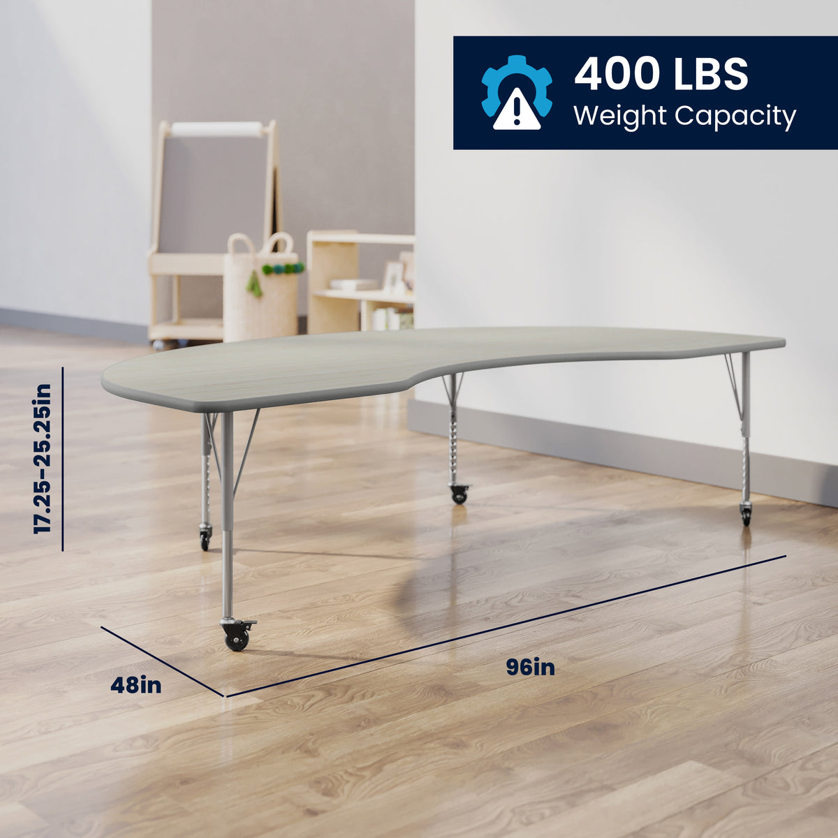 Light Gray Top/Silver Frame |#| Commercial Adjustable Height Kidney Activity Table with Locking Casters-LTGY