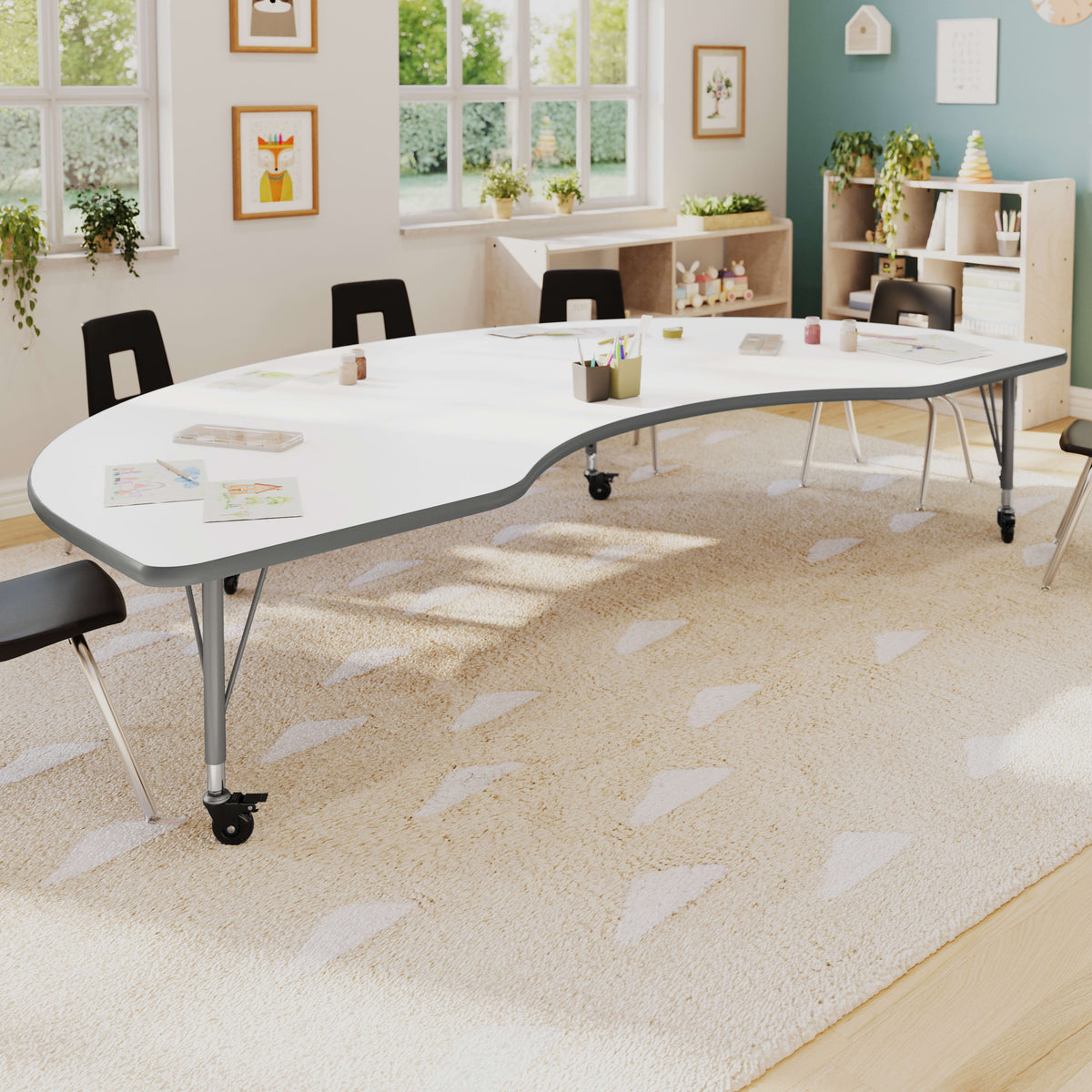White Top/Silver Frame |#| Commercial Adjustable Height Kidney Activity Table with Locking Casters-White