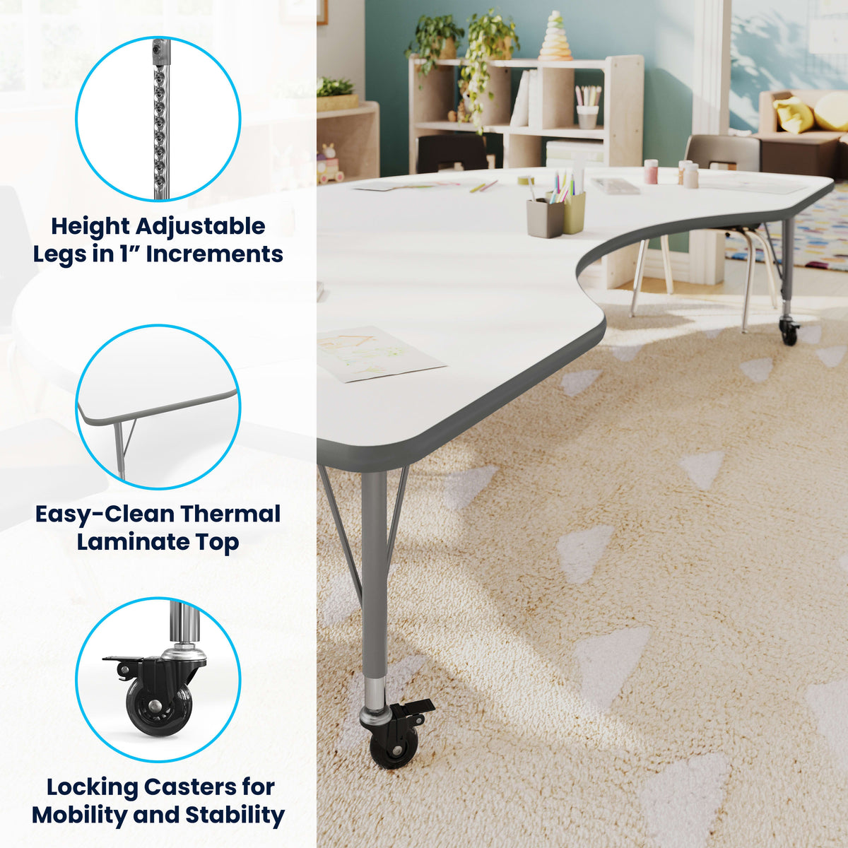 White Top/Silver Frame |#| Commercial Adjustable Height Kidney Activity Table with Locking Casters-White