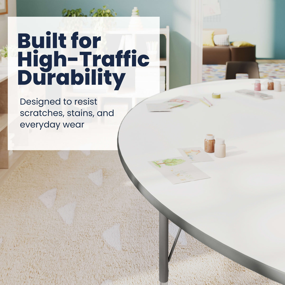 White Top/Silver Frame |#| Commercial Adjustable Height Kidney Activity Table with Locking Casters-White