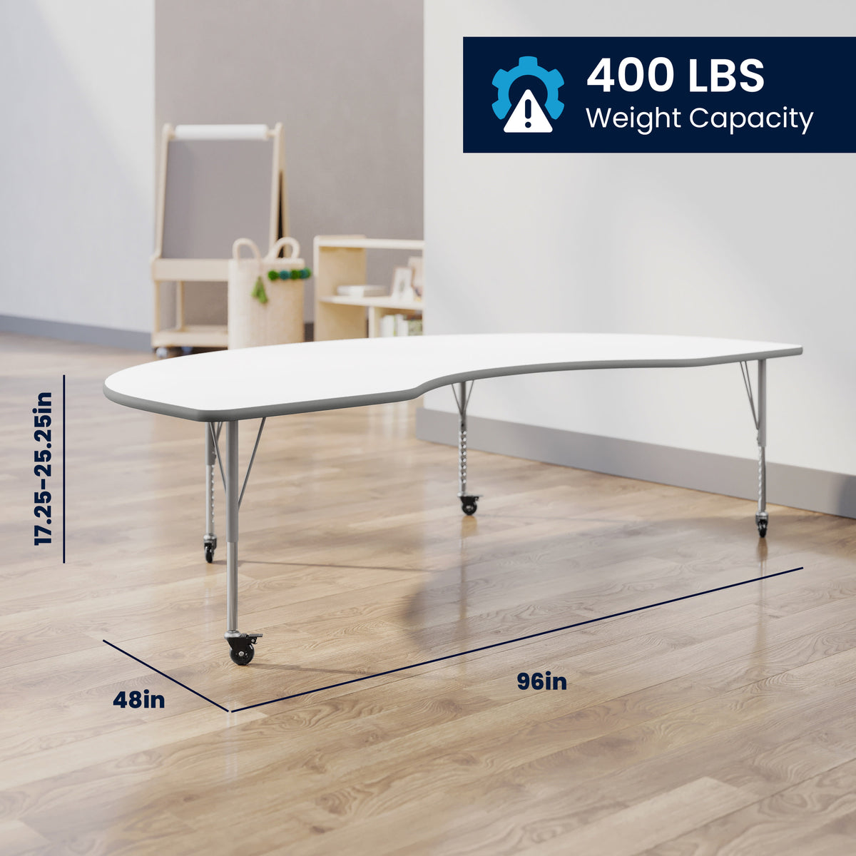 White Top/Silver Frame |#| Commercial Adjustable Height Kidney Activity Table with Locking Casters-White