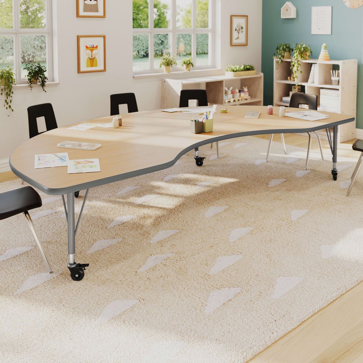 Light Natural Top/Silver Frame |#| Commercial Adjustable Height Kidney Activity Table with Locking Casters-LT NAT