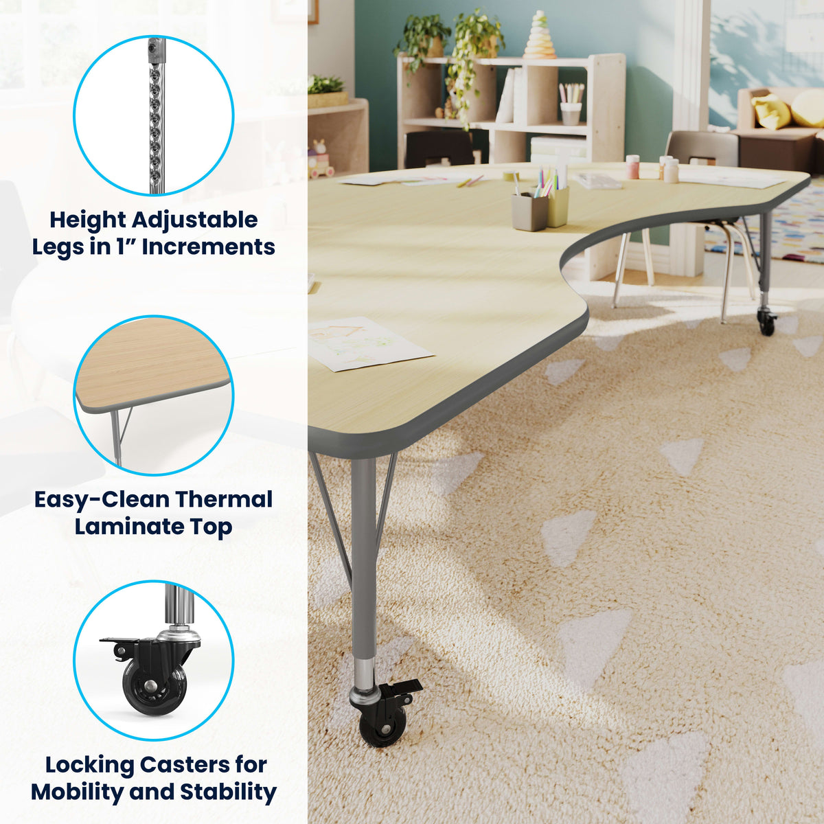 Light Natural Top/Silver Frame |#| Commercial Adjustable Height Kidney Activity Table with Locking Casters-LT NAT
