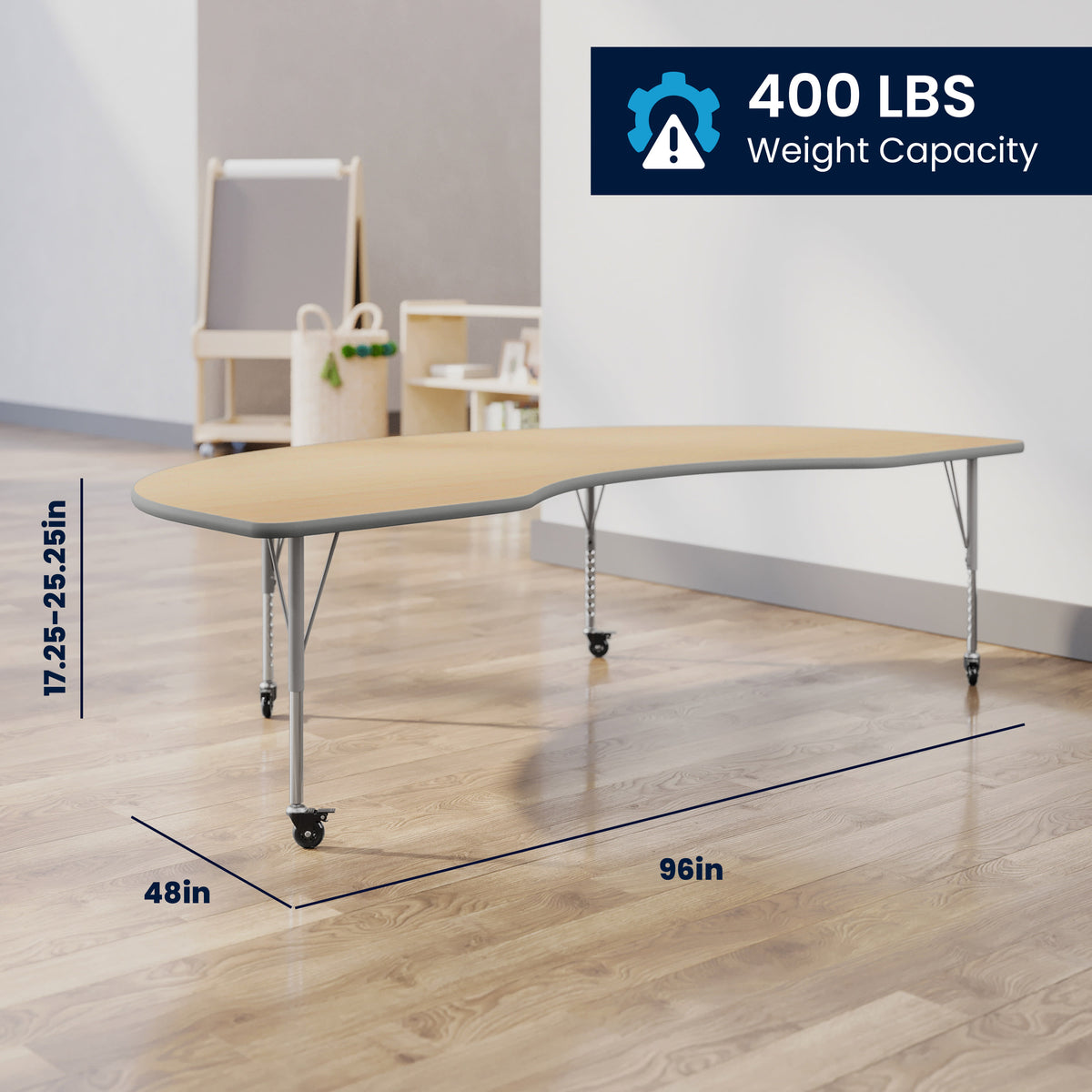 Light Natural Top/Silver Frame |#| Commercial Adjustable Height Kidney Activity Table with Locking Casters-LT NAT