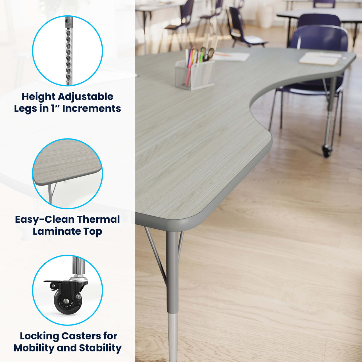 Light Gray Top/Silver Frame |#| Commercial Adjustable Height Kidney Activity Table with Locking Casters-LTGY